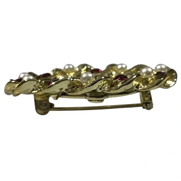 Gerrys Brooch Gold Tone Pearls Red Rhinestones Vintage - Picture 4 of 8